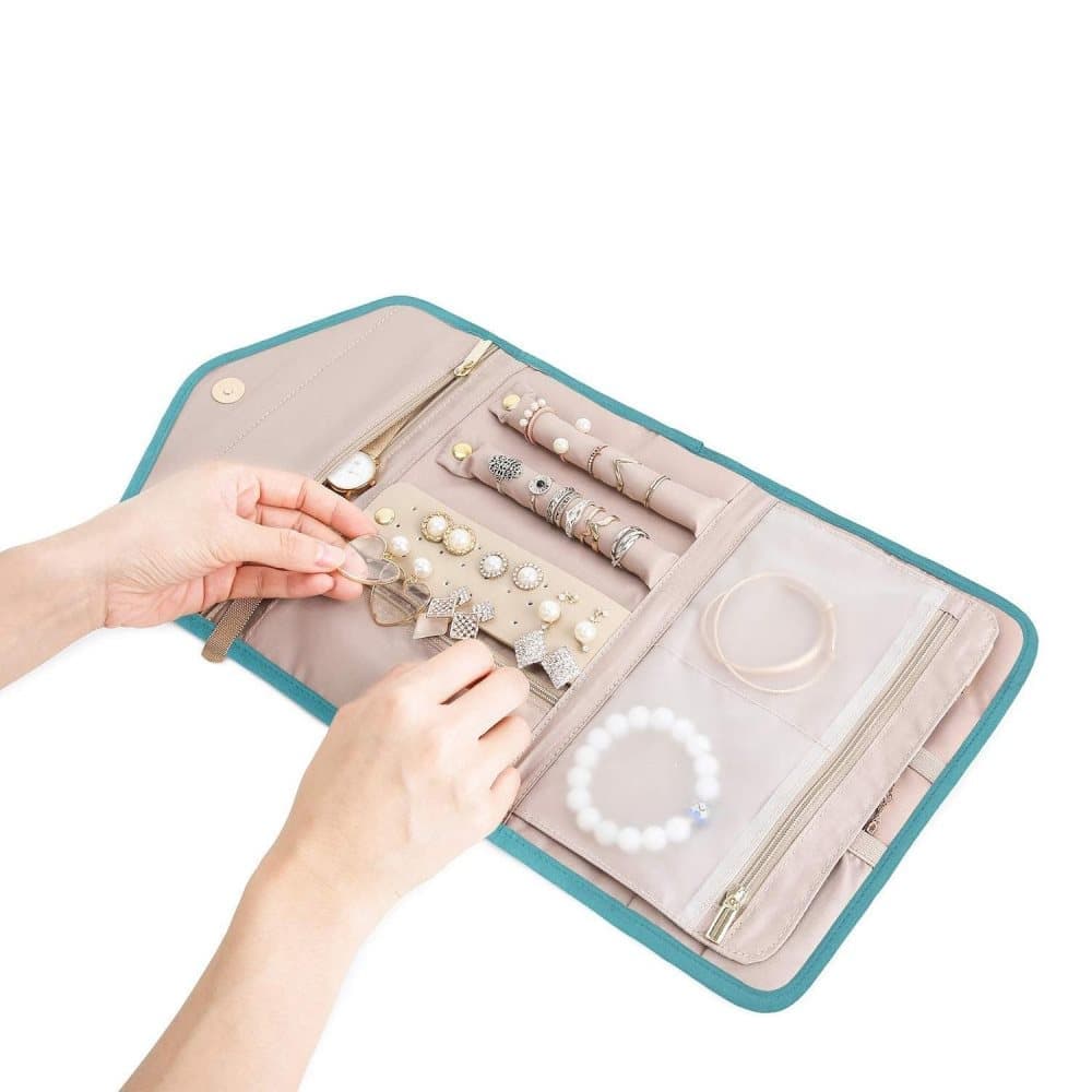 Green Travel Jewelry Box with Compartments, 23cm, Compact Jewelry Storage Bag Easy to Carry