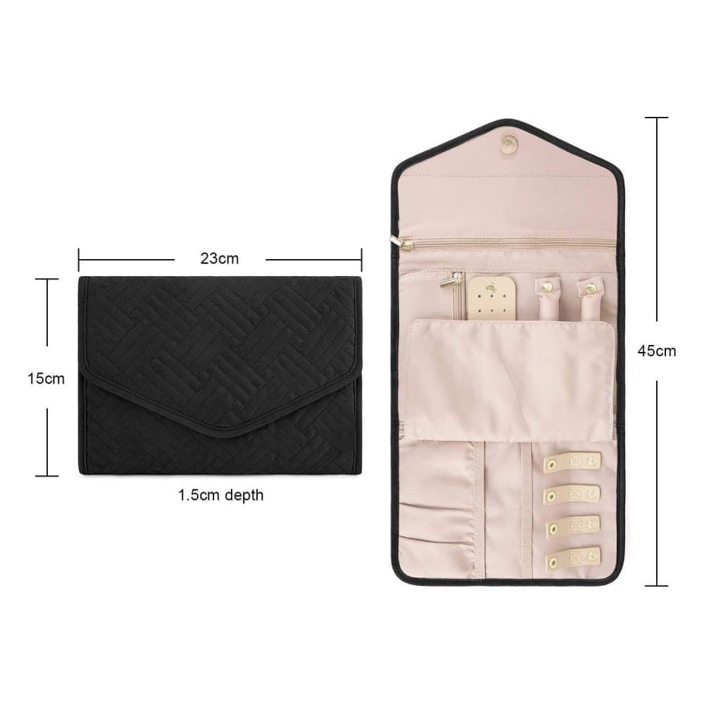 Black Travel Jewelry Box with Compartments, 23cm, Compact Jewelry Storage Bag Easy to Carry in Your Bag