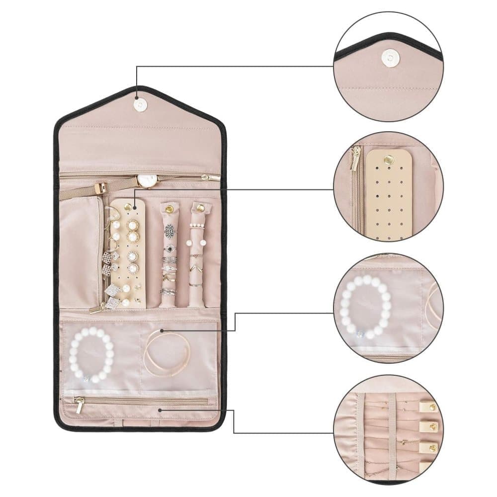 Black Travel Jewelry Box with Compartments, 23cm, Compact Jewelry Storage Bag Easy to Carry in Your Bag