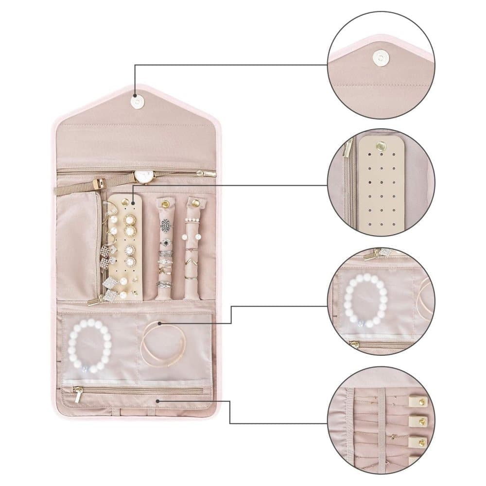 Compact Travel Jewelry Box with Compartments, Pink, 23cm