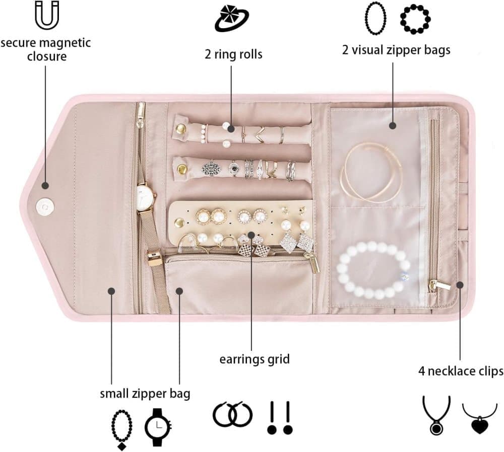 Compact Travel Jewelry Box with Compartments, Pink, 23cm