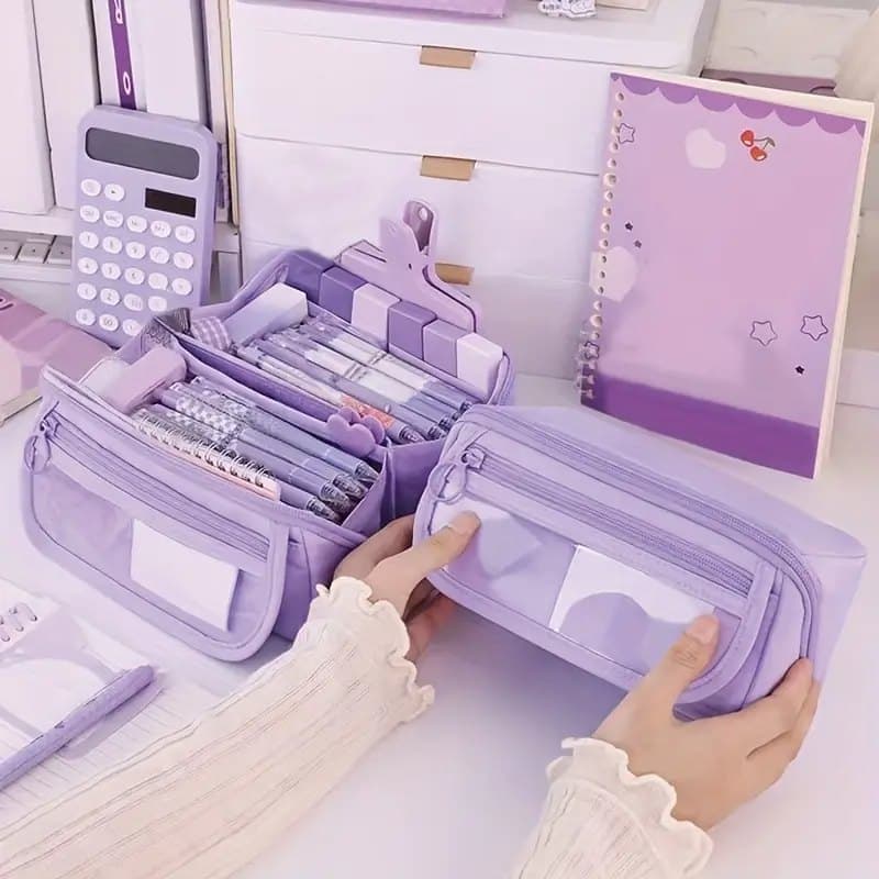 Waterproof Pencil Case with Zipper, Purple, Large, Multifunctional Travel Pencil Box for Students and Office