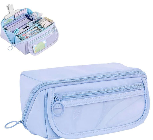 1 Large Waterproof Pencil Case with Zipper, Multifunctional Travel Pencil Box for Students & Office, Blue