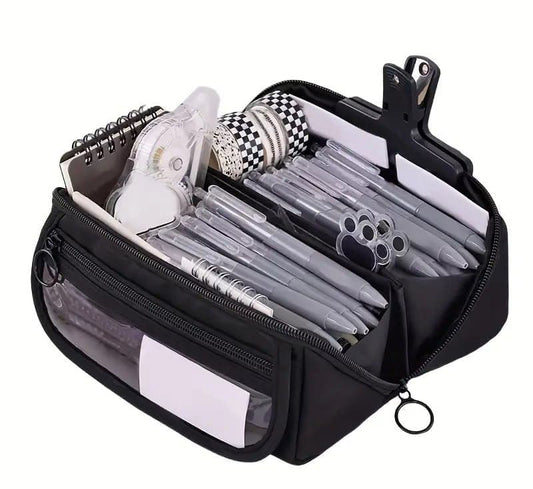 Waterproof Pencil Case with Zipper, Large Black Travel Pencil Box for Students & Office
