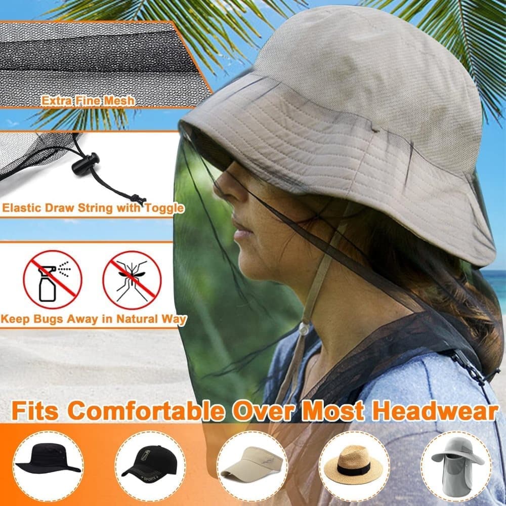 4 pcs Mosquito Net for Hat, Black, Waterproof Adjustable Ultra-fine with Storage Bag, for Fishing Hiking Camping Garden