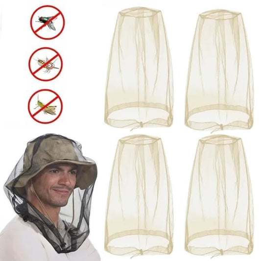 4 pcs Mosquito Net for Hat, Waterproof Adjustable Ultra-fine with Storage Bag, for Fishing Hiking Camping, Beige
