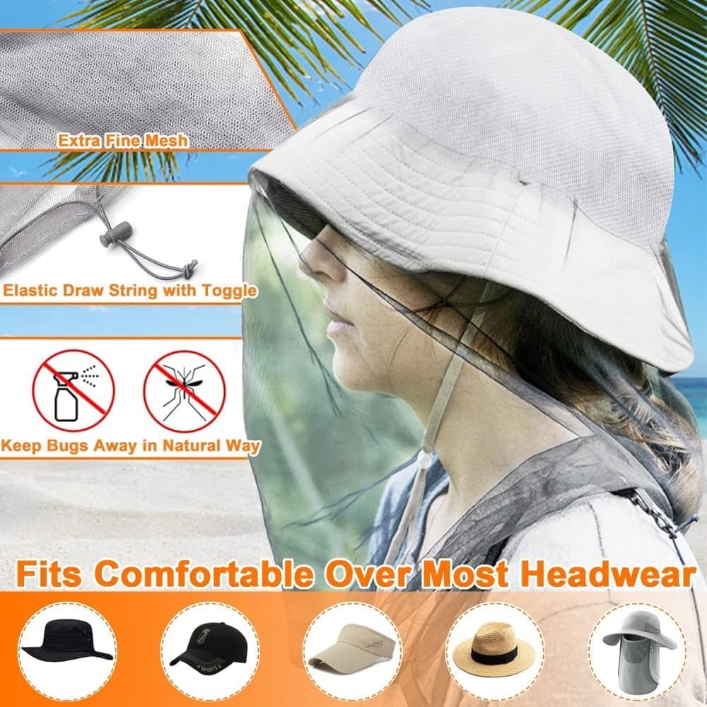 4 pcs Mosquito Net for Hat, Waterproof Adjustable Ultra-fine with Storage Bag, Gray, for Fishing Hiking Camping Garden