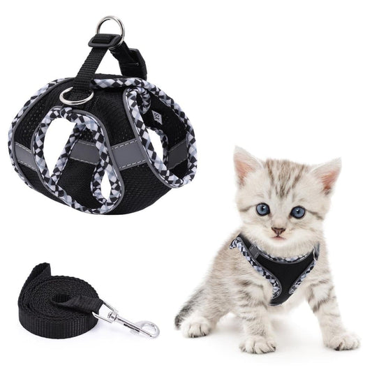 Adjustable Pet Harness with Reflector for Cat and Dog, Soft Comfortable Vest Design Anti-Escape Function with Leash, XXS, Black