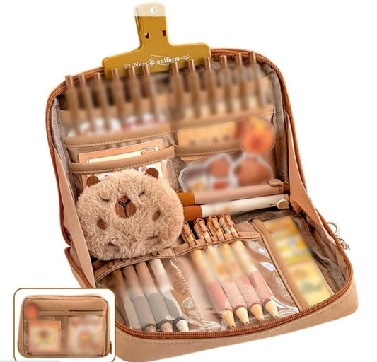 1 Pack Stylish Zipper Pencil Case Large Capacity Multifunctional Travel Pencil Box for School and Office, Brown