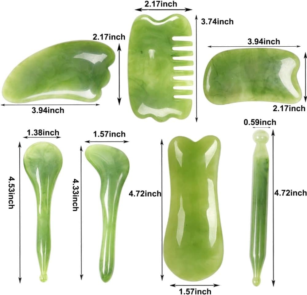7-piece Gua Sha Set, Resin Facial and Body Massage Tool for Face Legs Back, Green