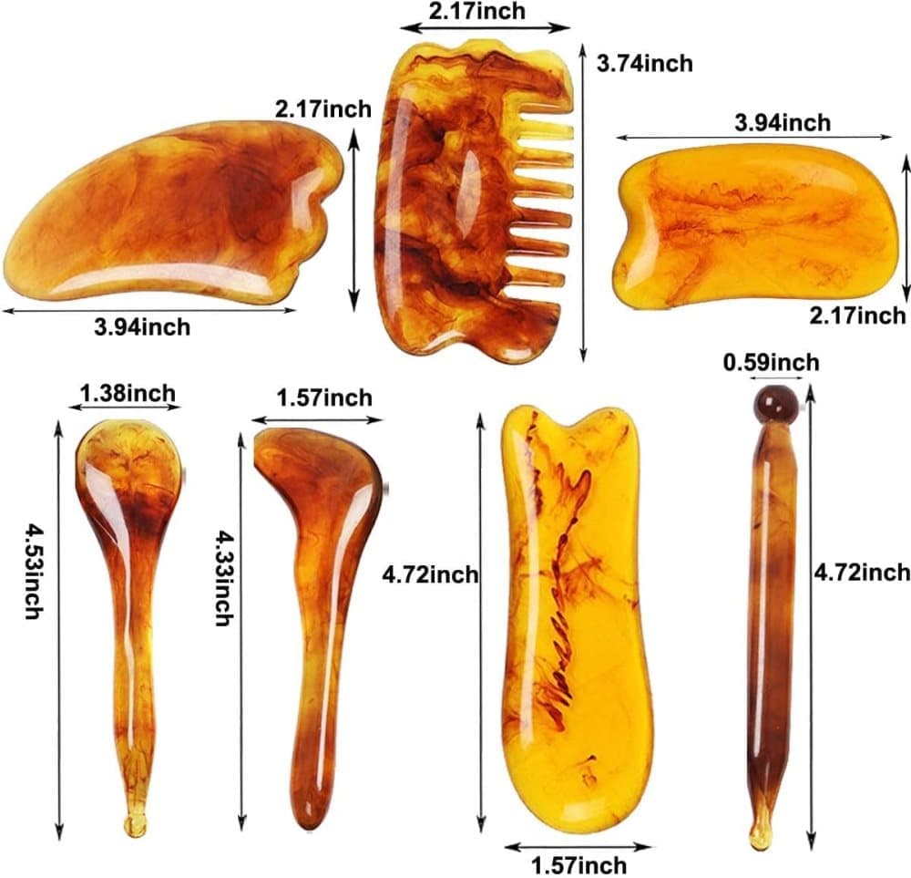 7-piece Gua Sha Set, Resin Facial and Body Massage Tool for Face Legs Back, Gold