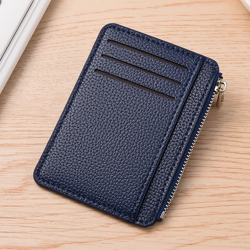 Thin Wallet with Zipper, 6 Card Slots, Scratch Resistant Water Repellent, Dark Blue, Small and Durable