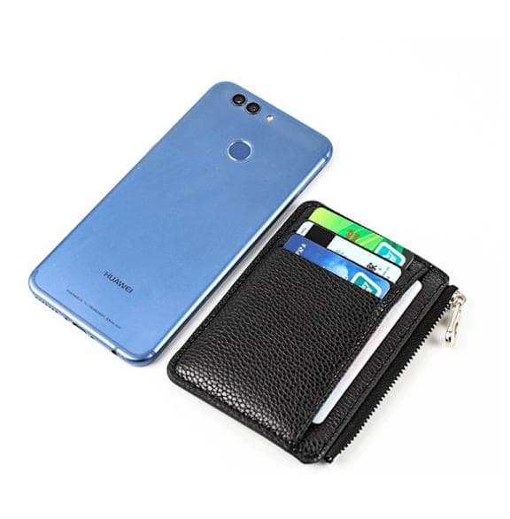 Thin Wallet with Zipper, 6 Card Slots, Scratch Resistant Water Repellent, Dark Blue, Small and Durable