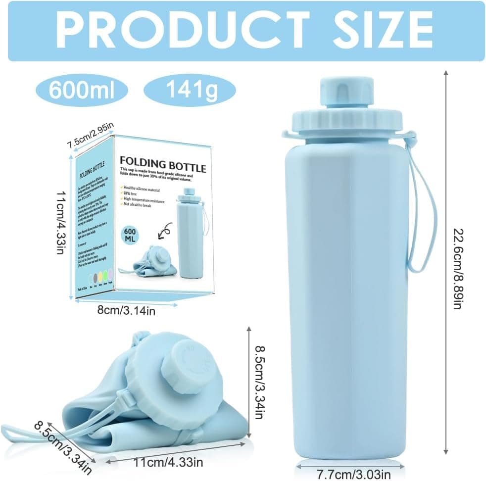 600ml Foldable Water Bottle BPA-Free Lightweight for Travel Gym Camping, Gray
