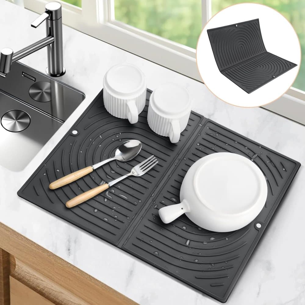 Non-Slip Foldable Silicone Kitchen Counter Mat with Water Drainage, 51cm x 41cm, Grey