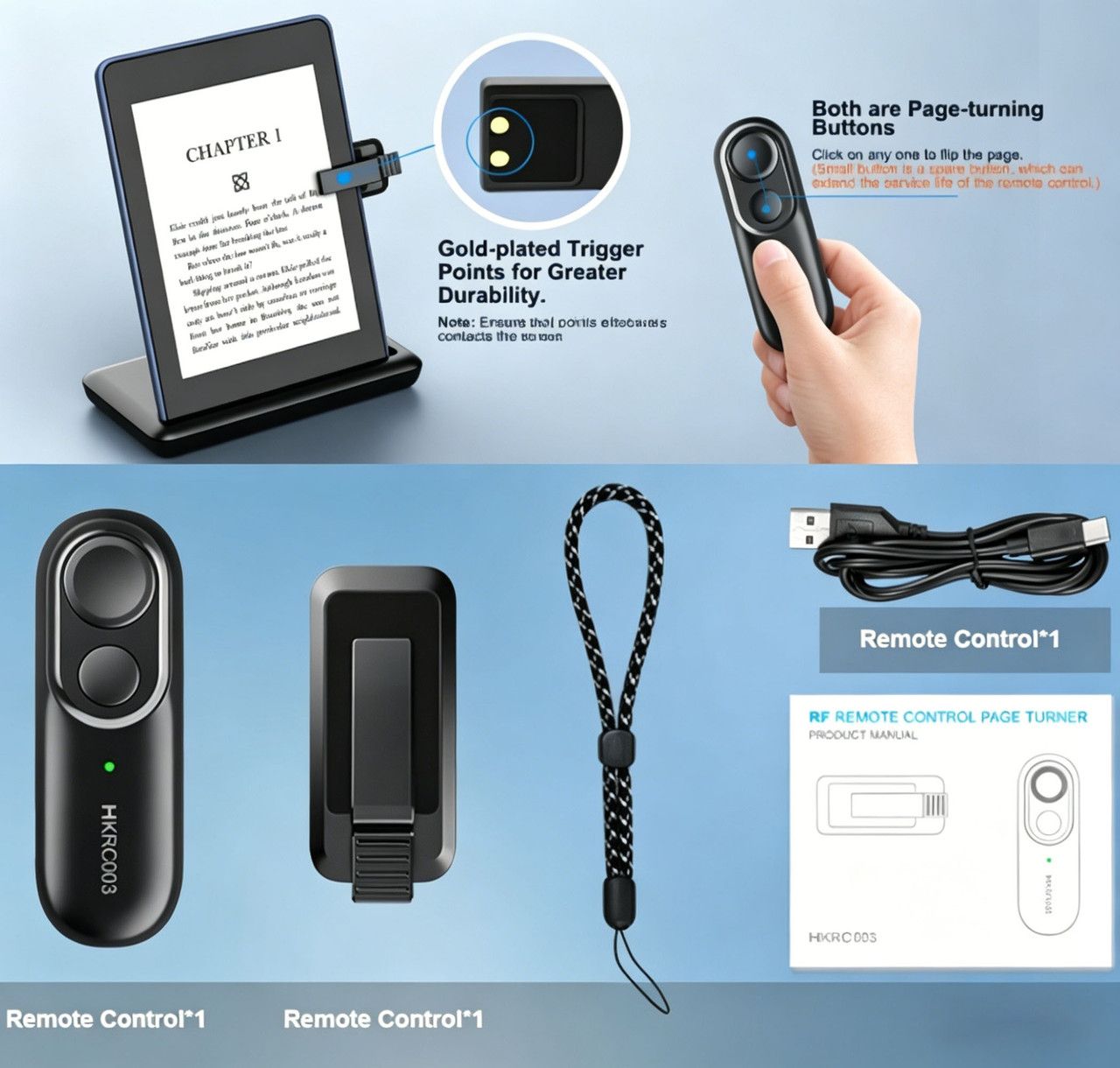 Rechargeable E-Reader Page Turner Remote with Clip - 2-in-1 Bluetooth Clicker for Kindle, Kobo, Oasis,Reusable Page Flipper for eBook Reading & Photography