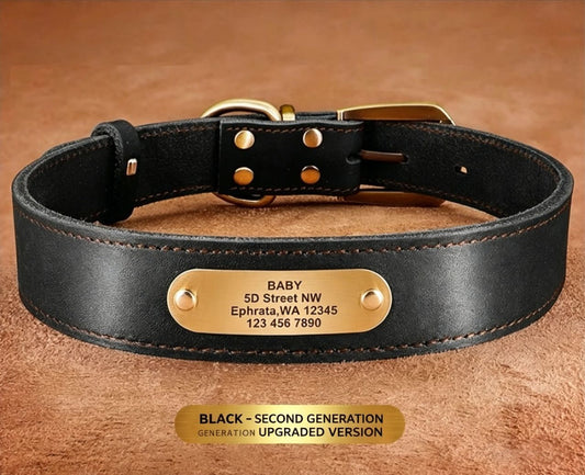 Premium Genuine Leather Dog Collar/Durable Real Leather Adjustable Collars For Male Female(XL,Black)
