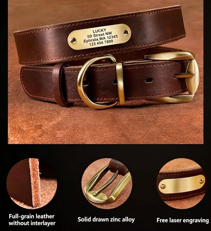 Premium Genuine Leather Dog Collar/Durable Real Leather Adjustable Collars For Male Female(L,Red)