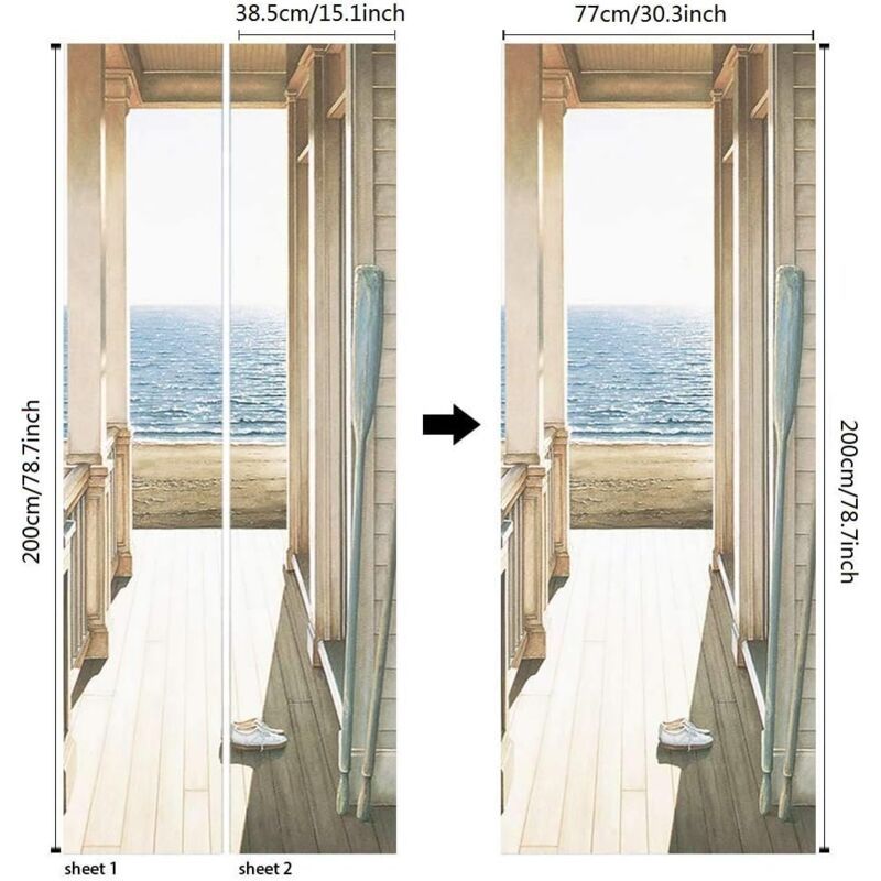 2 Pcs 3D Self Adhesive Removable Door Stickers for Kitchen Bedroom Bathroom Wall, 38.5 x 200 cm