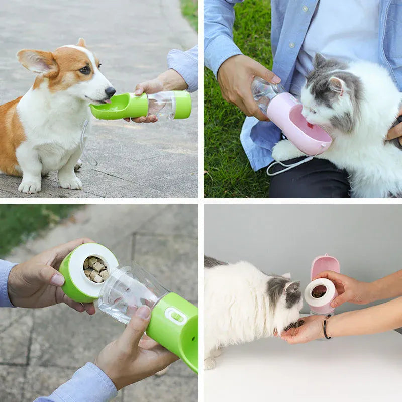 Pet Water Bottle with Integrated Feeder, Pink