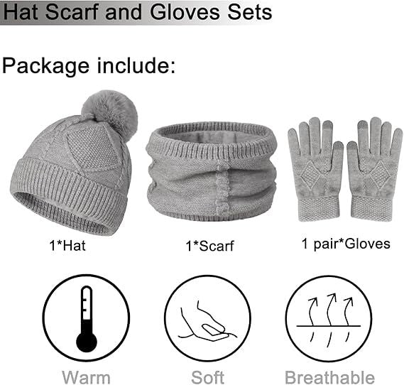Women's 3-in-1 Winter Set - Hat + Scarf + Gloves - Thermal Reinforced Fleece Lining - Knit Beanie with Pom-Pom - Touchscreen Gloves - For Cold Winter Weather