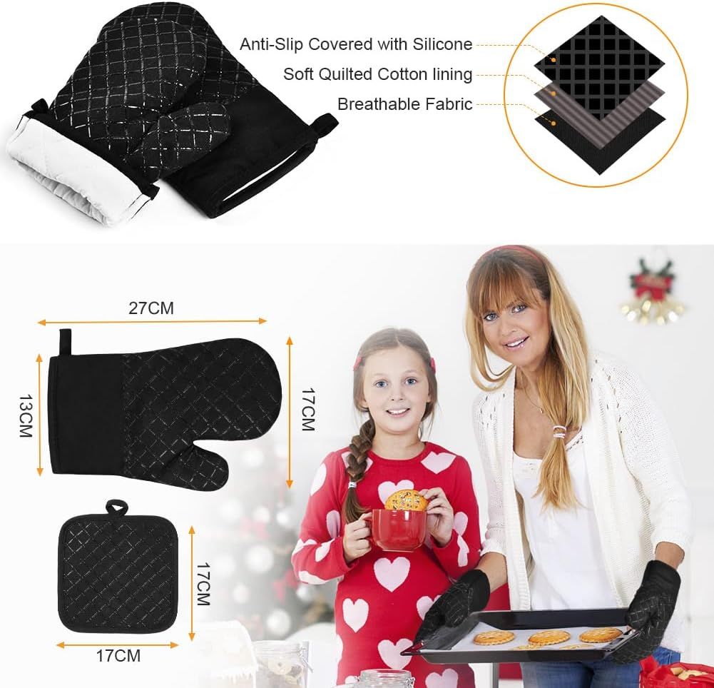 1 Pair Oven Mitts + 2 Pot Holders Set - Heat Resistant up to 230C, Silicone Non-Slip Cooking Gloves for Baking, Grilling & BBQ