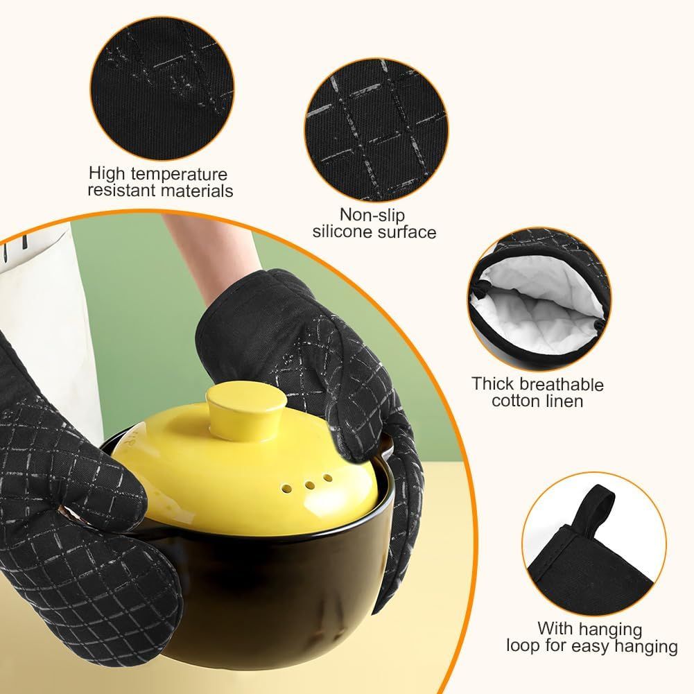 1 Pair Oven Mitts + 2 Pot Holders Set - Heat Resistant up to 230C, Silicone Non-Slip Cooking Gloves for Baking, Grilling & BBQ