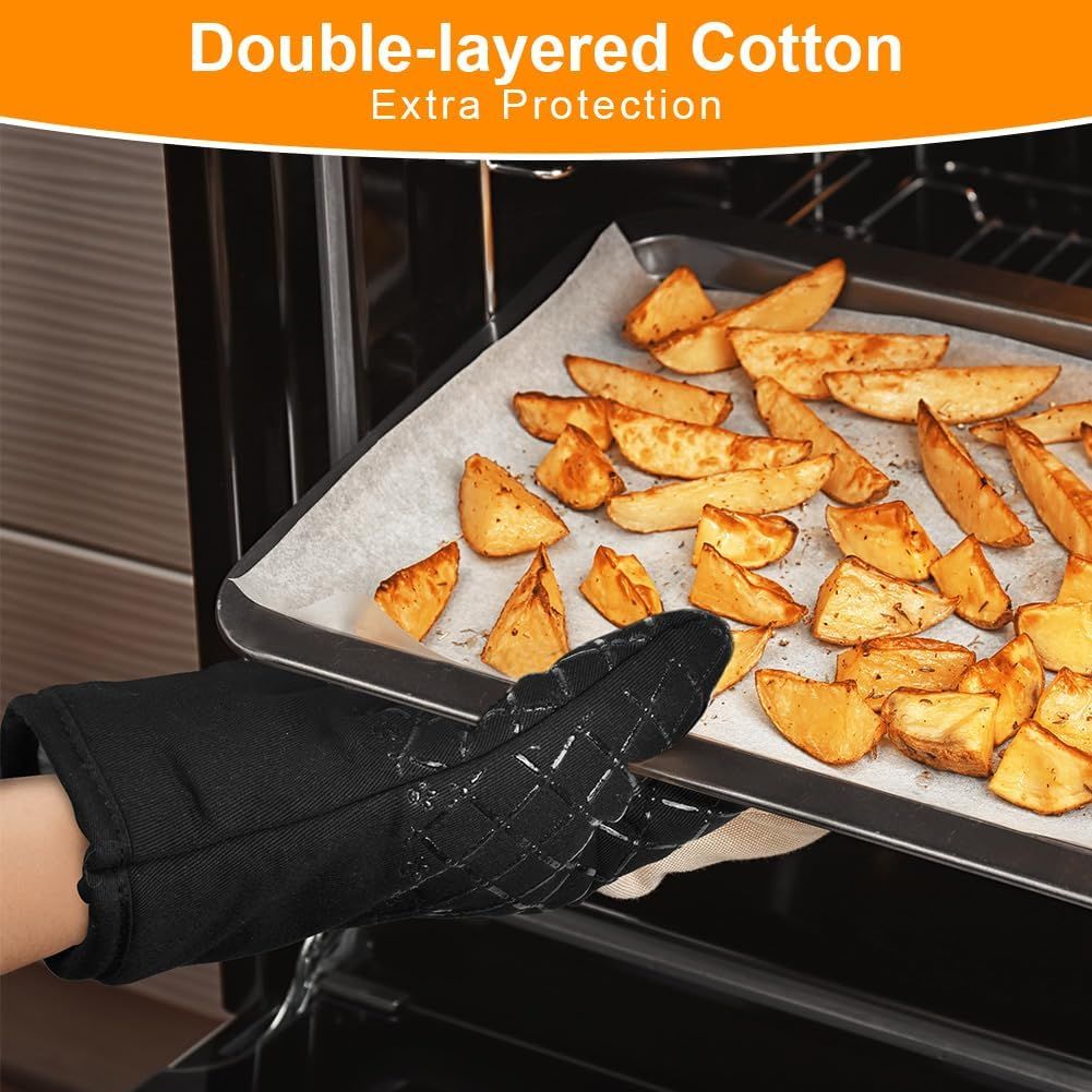 1 Pair Oven Mitts + 2 Pot Holders Set - Heat Resistant up to 230C, Silicone Non-Slip Cooking Gloves for Baking, Grilling & BBQ