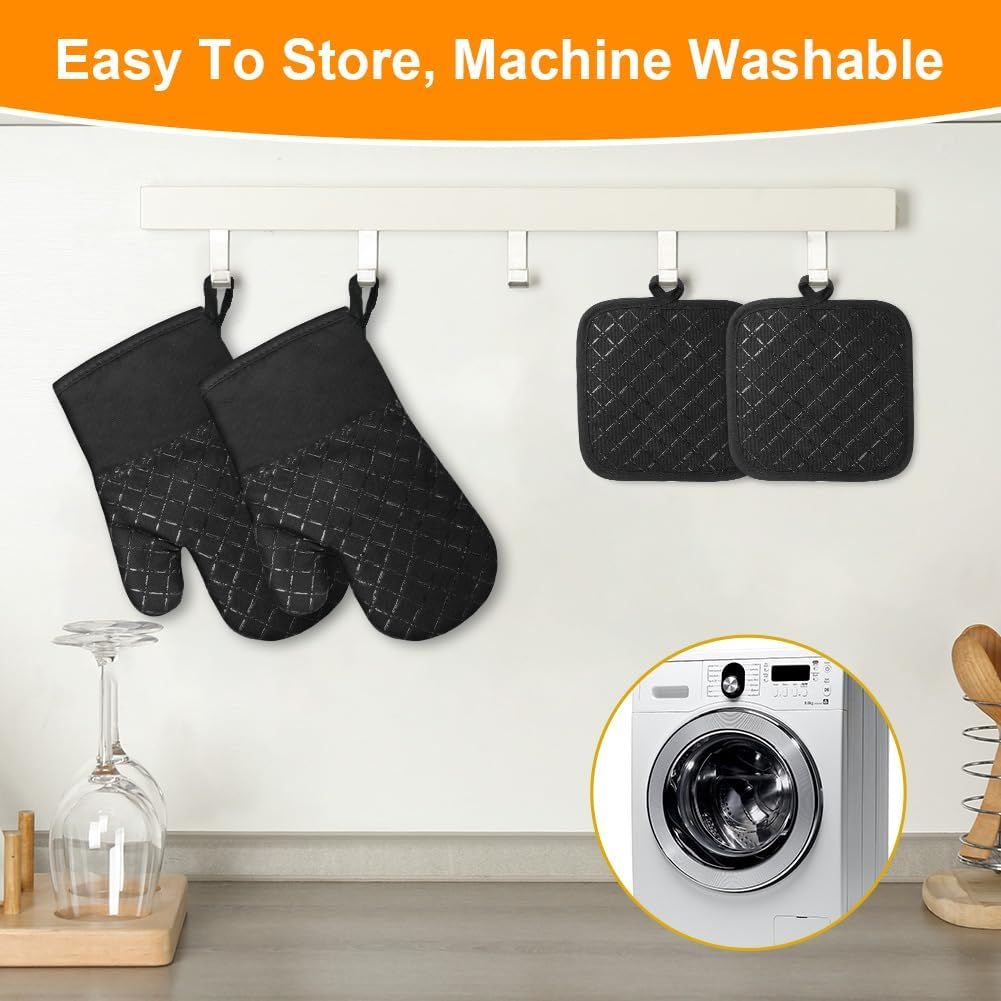 1 Pair Oven Mitts + 2 Pot Holders Set - Heat Resistant up to 230C, Silicone Non-Slip Cooking Gloves for Baking, Grilling & BBQ