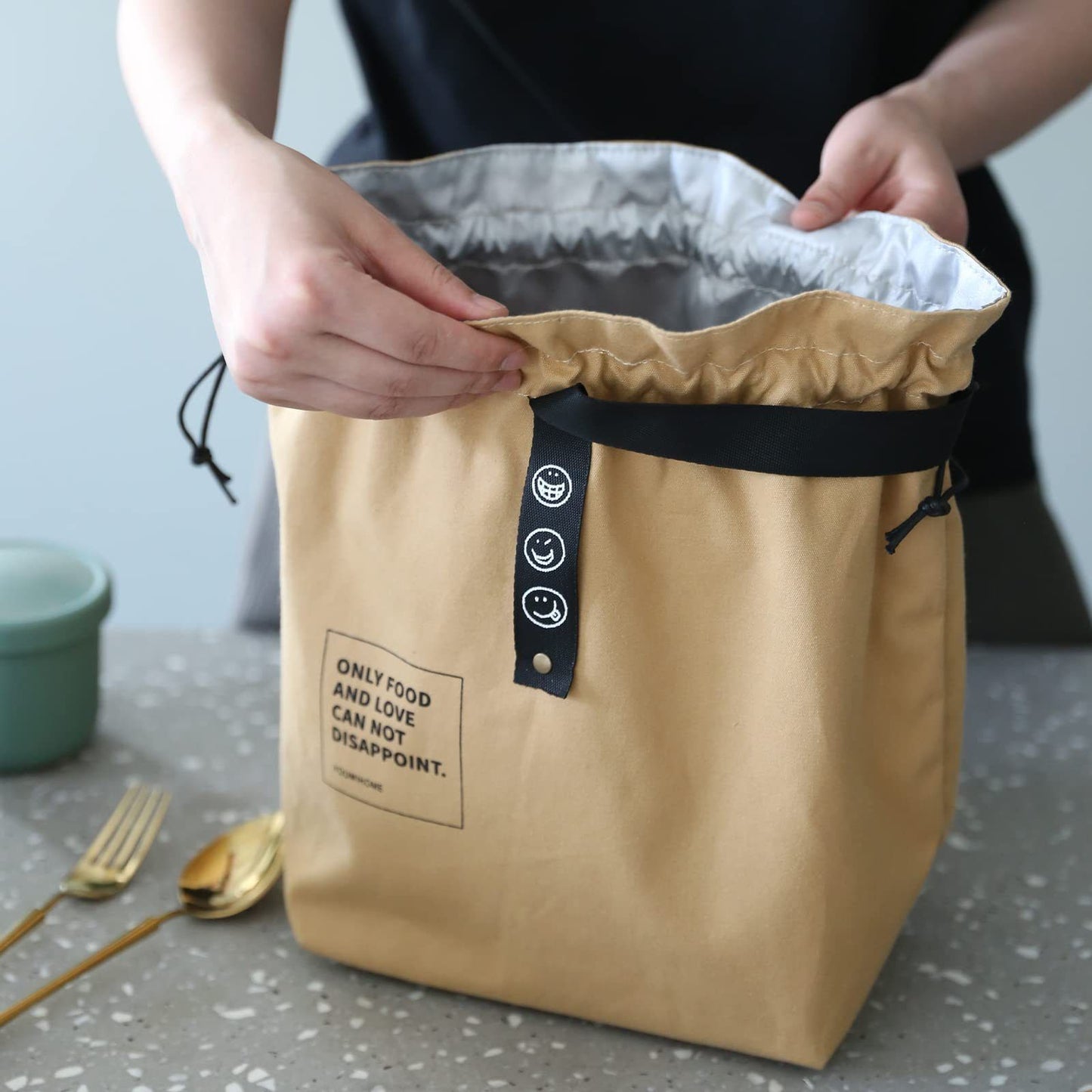 Canvas Lunch Bag with Drawstring - Insulated Lunch Bag - Bento Bag - Reusable Lunch Bag - Insulated Tote - With Handle and Drawstring Closure - For Work, Picnics or Travel (Yellow)