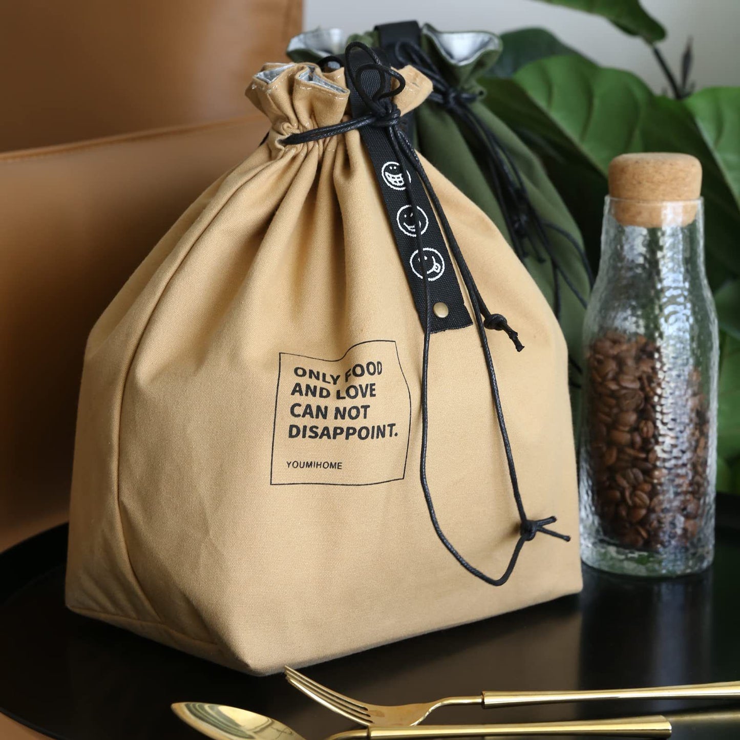 Canvas Lunch Bag with Drawstring - Insulated Lunch Bag - Bento Bag - Reusable Lunch Bag - Insulated Tote - With Handle and Drawstring Closure - For Work, Picnics or Travel (Yellow)