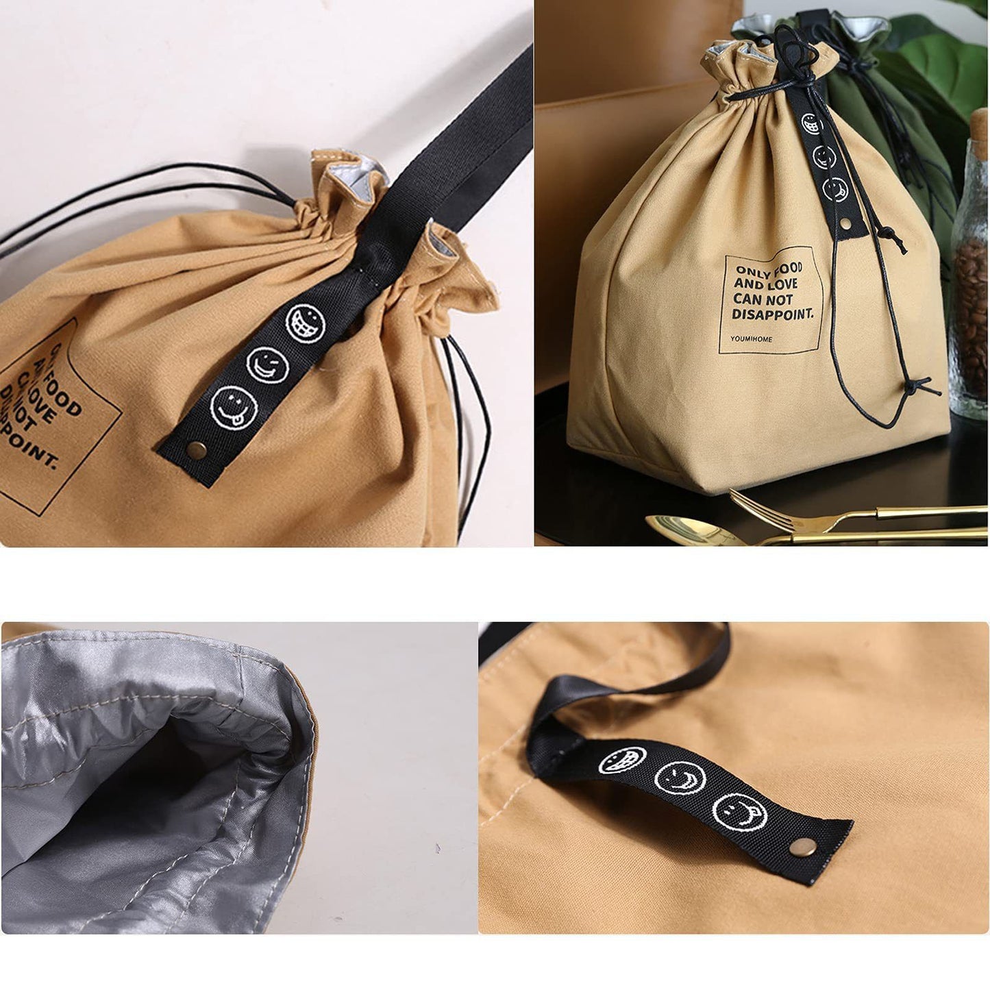 Canvas Lunch Bag with Drawstring - Insulated Lunch Bag - Bento Bag - Reusable Lunch Bag - Insulated Tote - With Handle and Drawstring Closure - For Work, Picnics or Travel (Yellow)