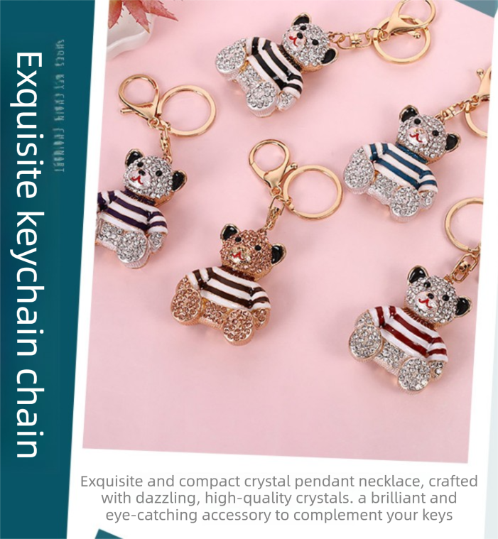 Rhinestone Crystal Bear Keychain, Sparkly Alloy Bag Charm and Cute Keyring, Black Stripe
