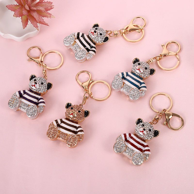 Rhinestone Crystal Bear Keychain, Sparkly Alloy Bag Charm and Cute Keyring, Black Stripe