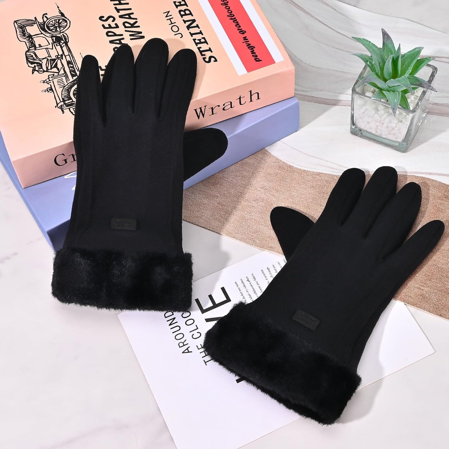 Women's Winter Touchscreen Gloves, Warm Velvet Lined Thickened Gloves, Black