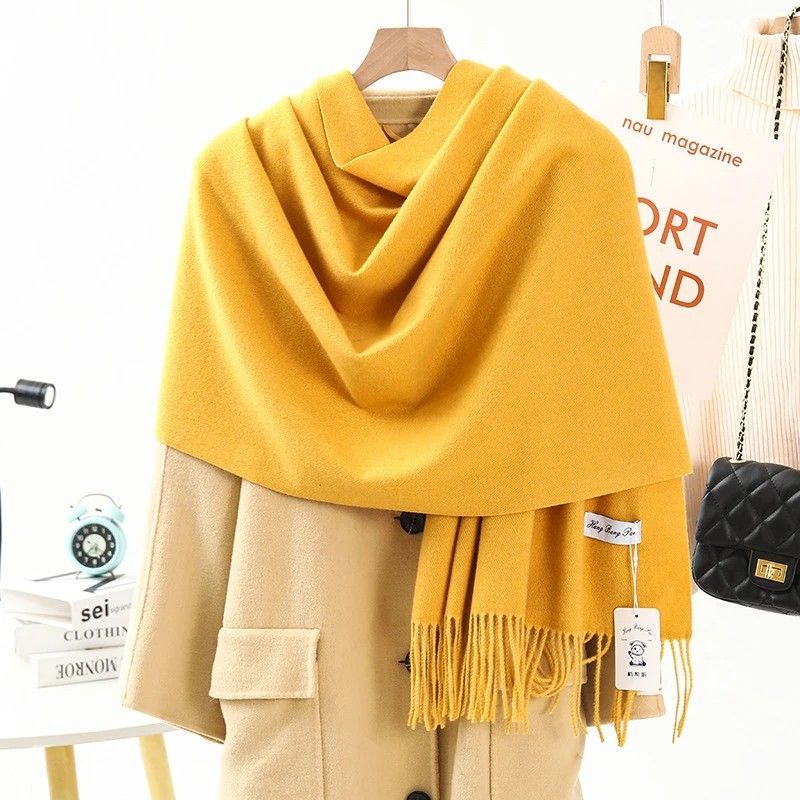 Thick Solid Color Scarf Wrap with Fringe, Soft Cashmere-Look Winter Shawl