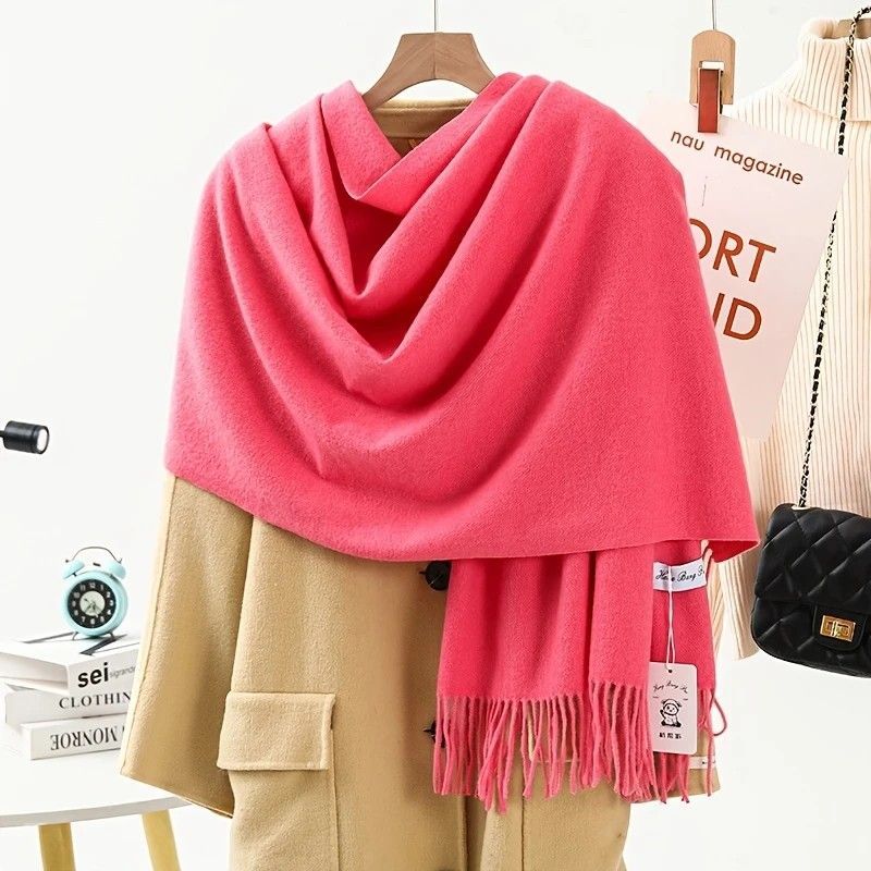 Thick Solid Color Scarf Wrap with Fringe, Soft Cashmere-Look Winter Shawl