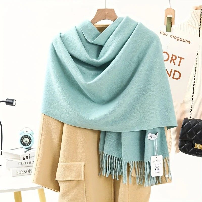Thick Solid Color Scarf Wrap with Fringe, Soft Cashmere-Look Winter Shawl
