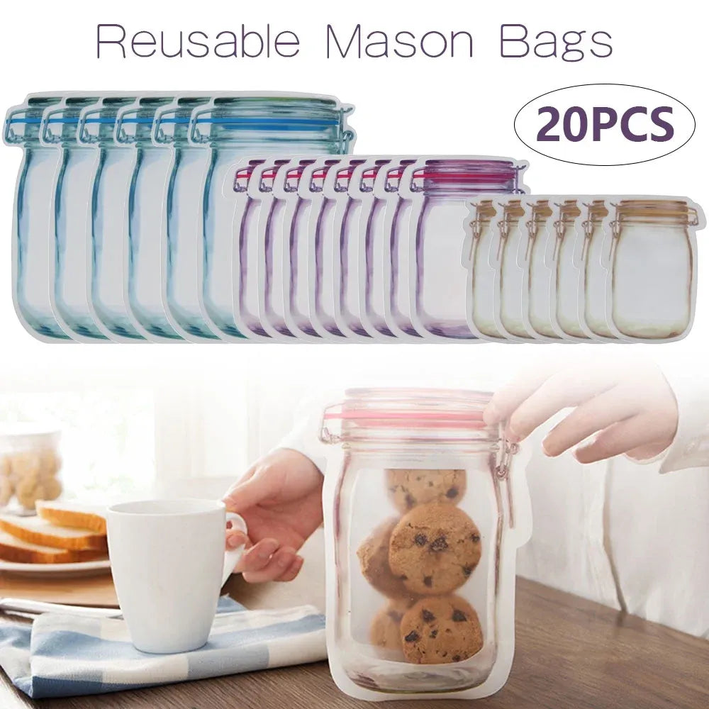 20 Pack Reusable Mason Jar Food Storage Bags, Zipper Seal Snack Bags for Kitchen Travel, 3 Sizes