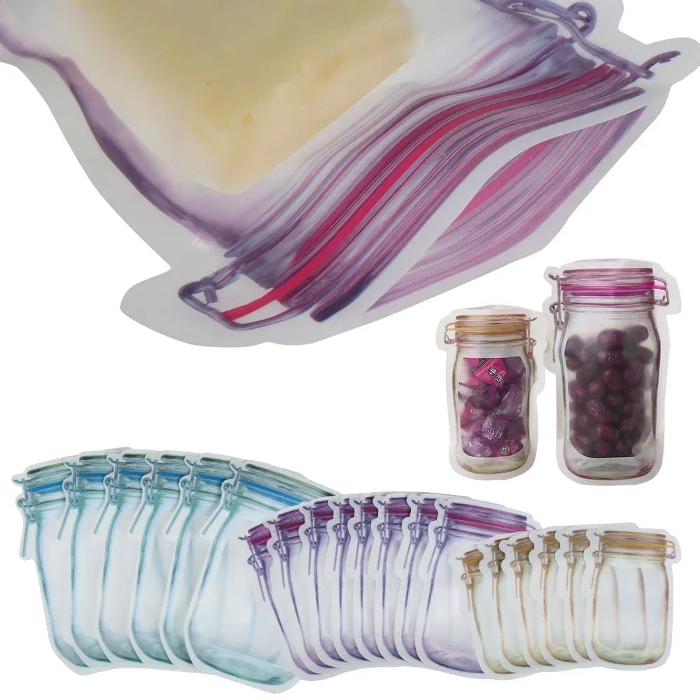 20 Pack Reusable Mason Jar Food Storage Bags, Zipper Seal Snack Bags for Kitchen Travel, 3 Sizes