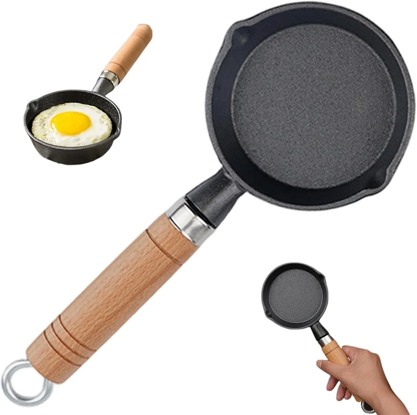 Mini Cast Iron Skillet, 4 Inch Non Stick Frying Pan with Wooden Handle for Stove Camping, Black