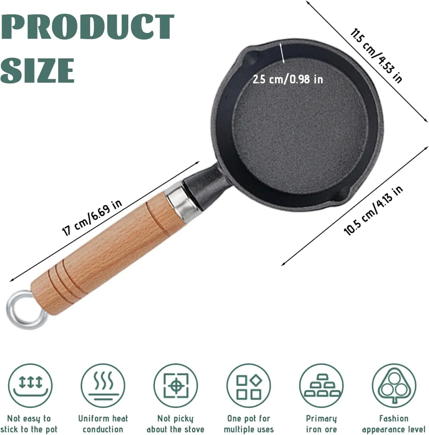 Mini Cast Iron Skillet, 4 Inch Non Stick Frying Pan with Wooden Handle for Stove Camping, Black