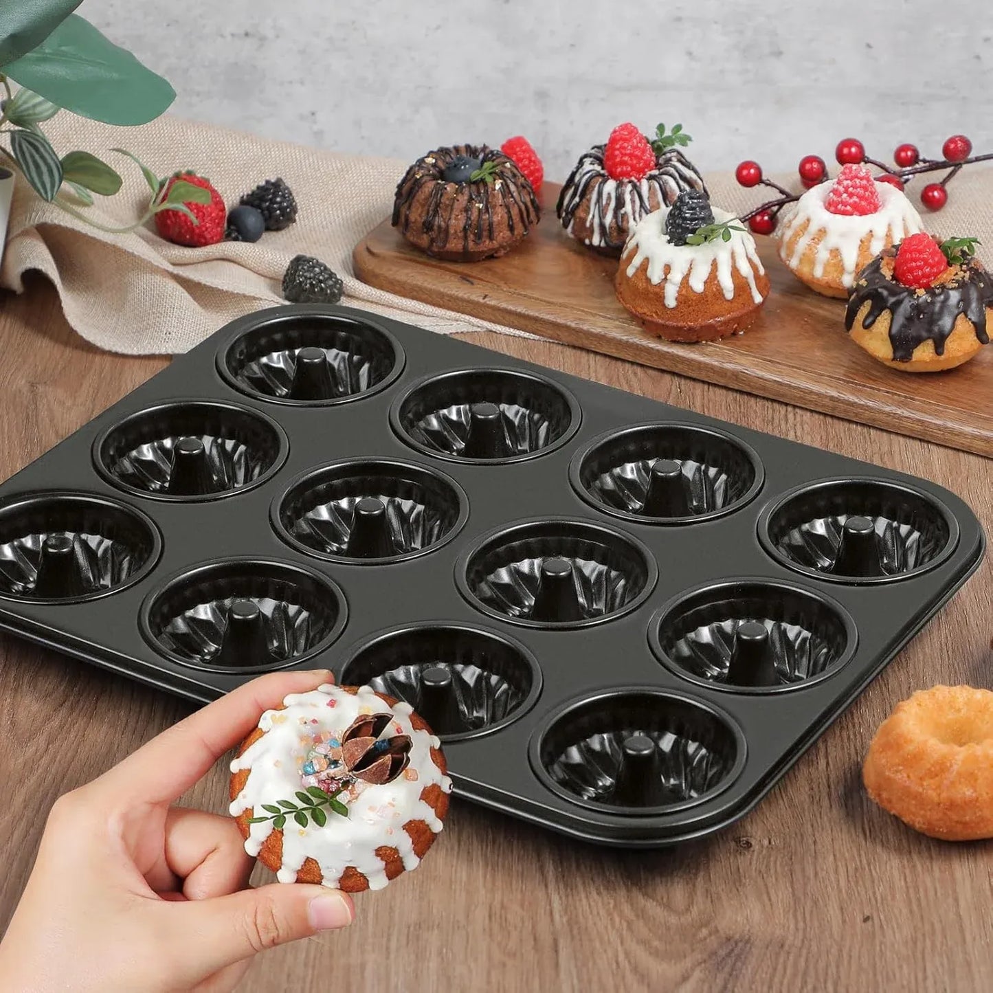 2 Pack Mini Fluted Cake Pan Set, 12 Cup Nonstick Carbon Steel Mold for Mini Cakes Muffins