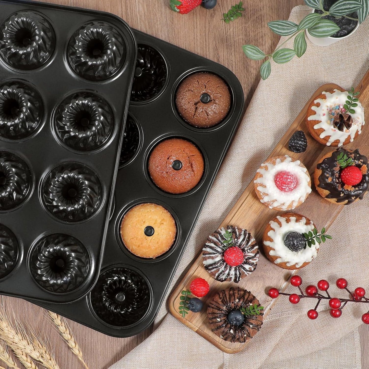 2 Pack Mini Fluted Cake Pan Set, 12 Cup Nonstick Carbon Steel Mold for Mini Cakes Muffins