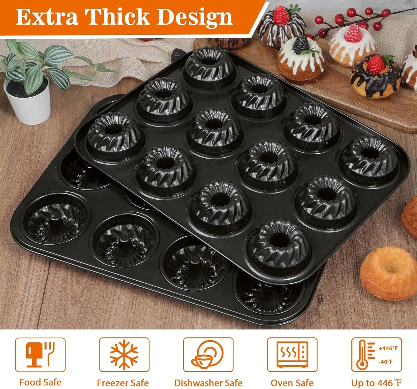 2 Pack Mini Fluted Cake Pan Set, 12 Cup Nonstick Carbon Steel Mold for Mini Cakes Muffins