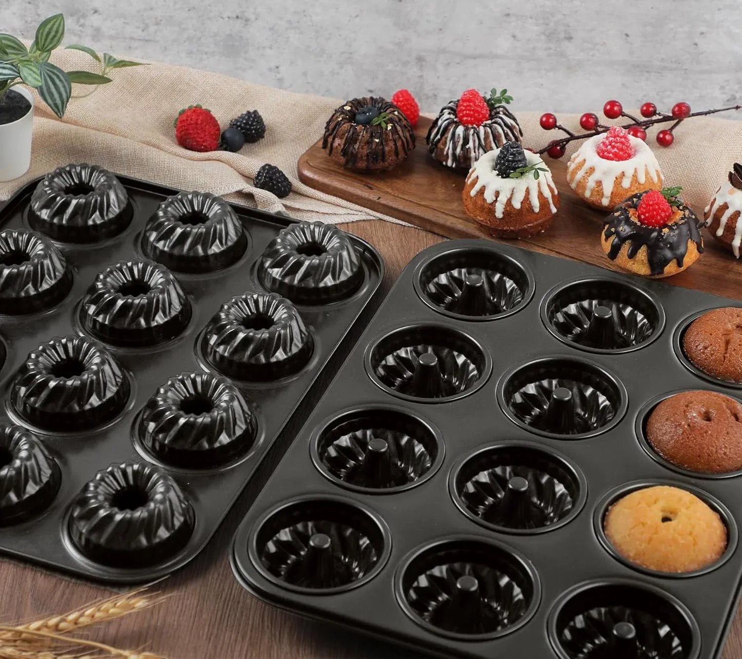 2 Pack Mini Fluted Cake Pan Set, 12 Cup Nonstick Carbon Steel Mold for Mini Cakes Muffins