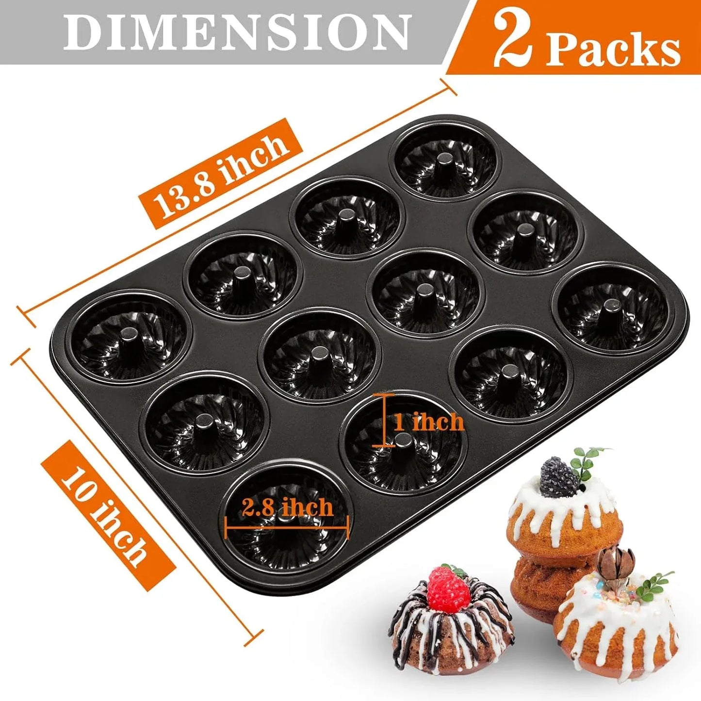 2 Pack Mini Fluted Cake Pan Set, 12 Cup Nonstick Carbon Steel Mold for Mini Cakes Muffins