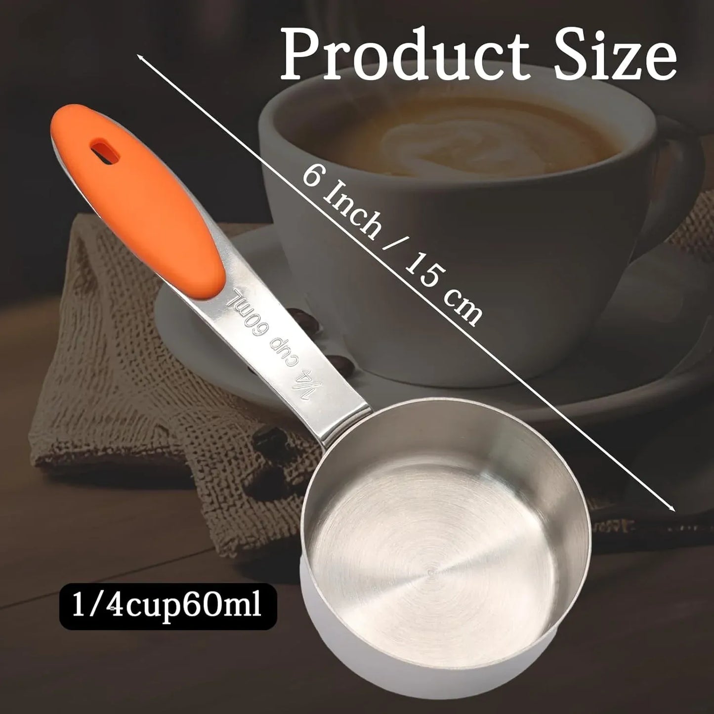 1/4 Cup Measuring Scoop, 60ml Stainless Steel Coffee Scoop with Silicone Grip, Orange