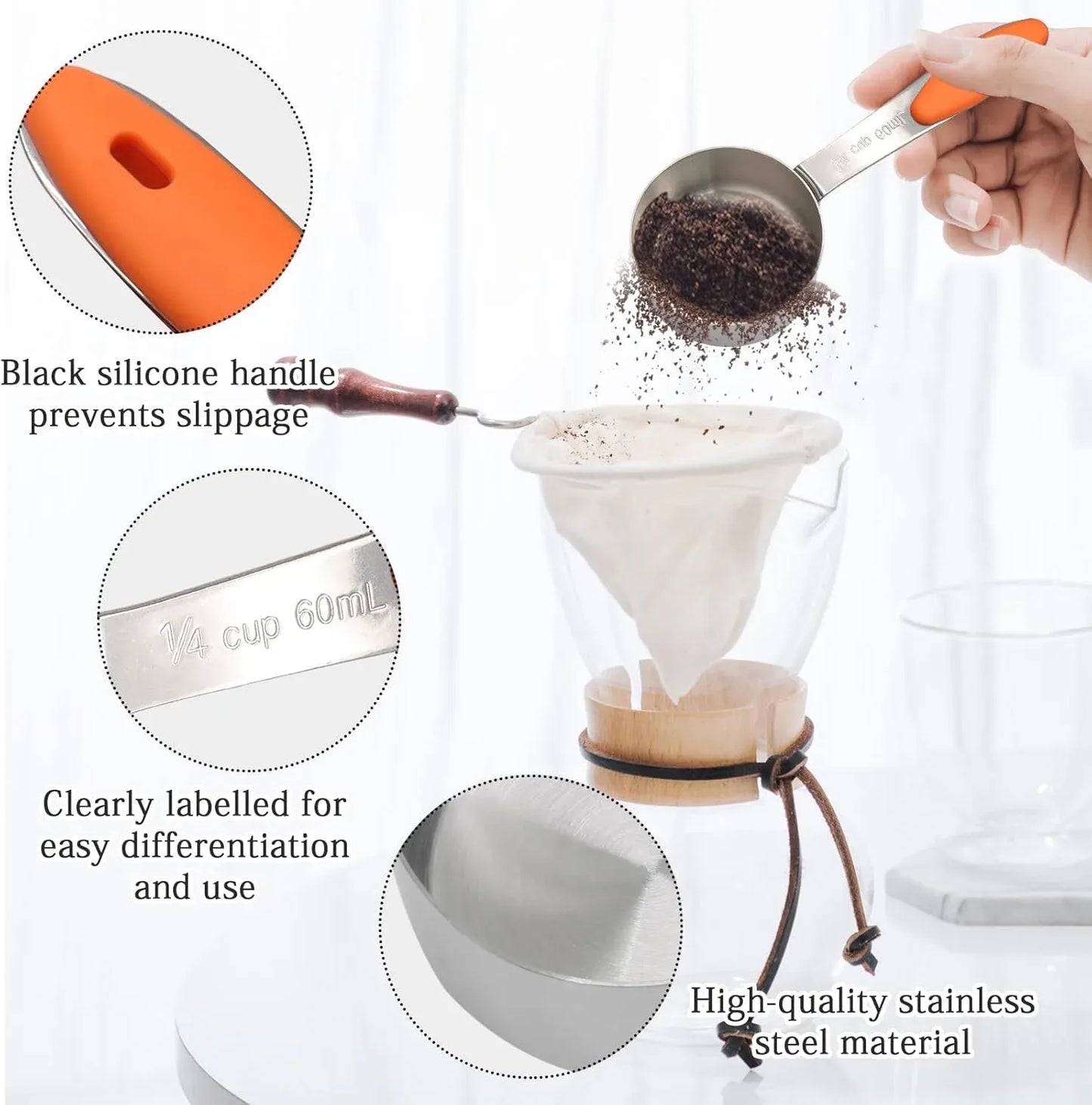 1/4 Cup Measuring Scoop, 60ml Stainless Steel Coffee Scoop with Silicone Grip, Orange