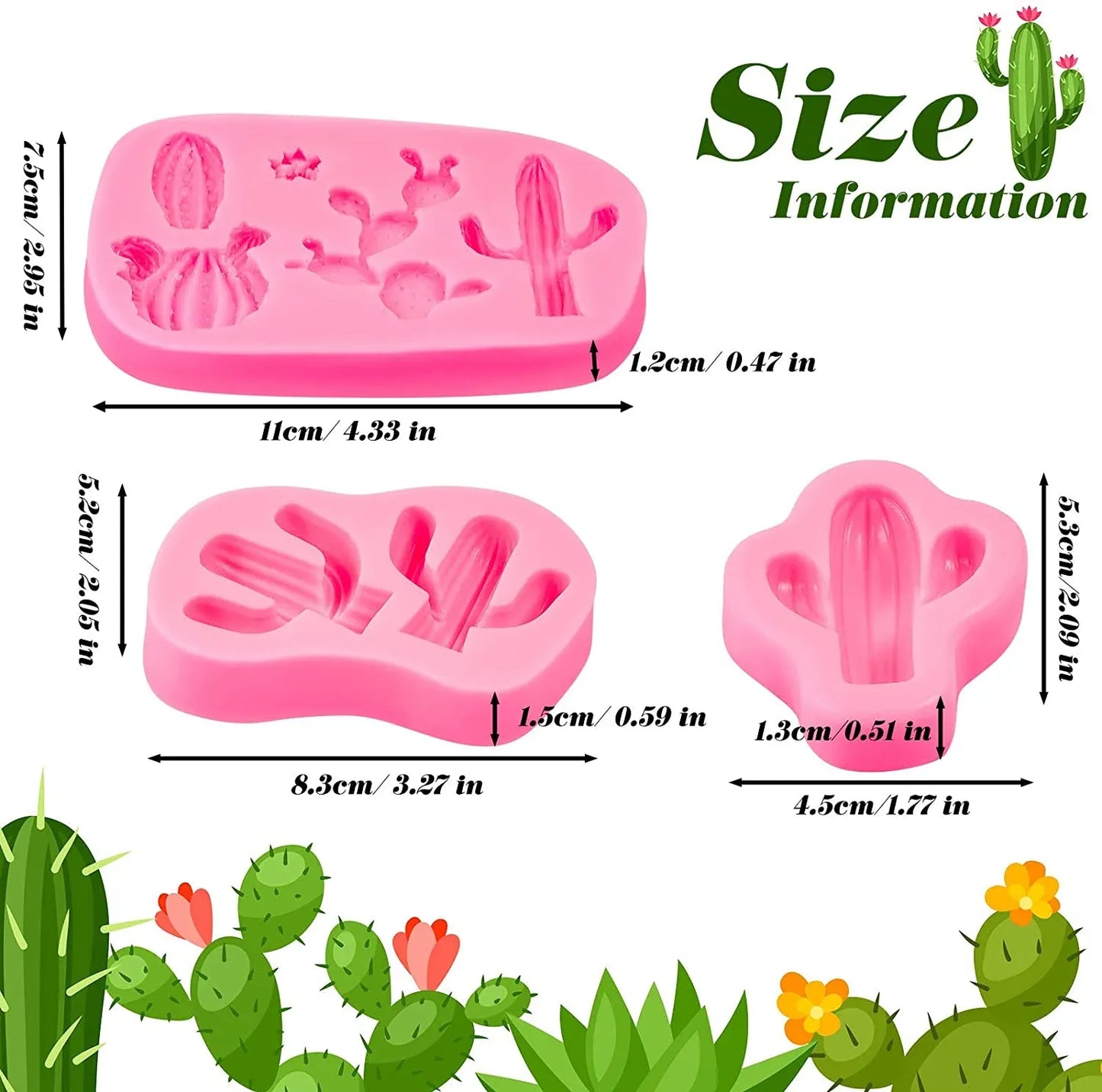 3 Pcs Cactus Silicone Fondant Molds, Food Grade Non Stick Molds for Cake Chocolate Candy